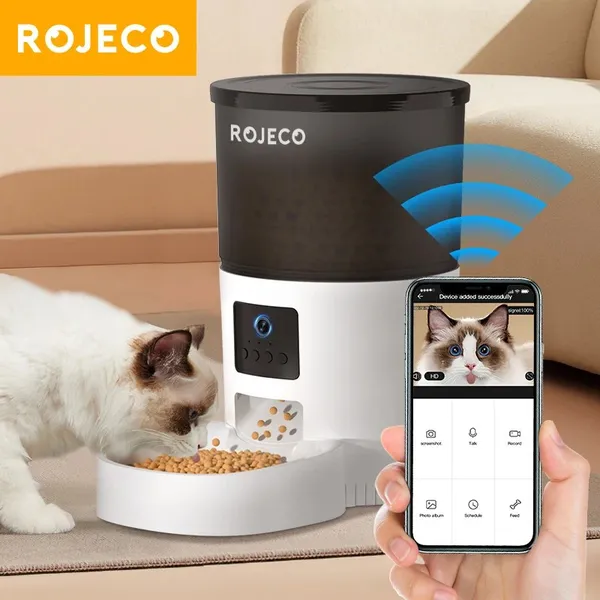 מאכיל אוטומטי חכם לחתולים וכלבים ROJECO עם מצלמה ושליטה מהאפליקציה, 3 ליטר